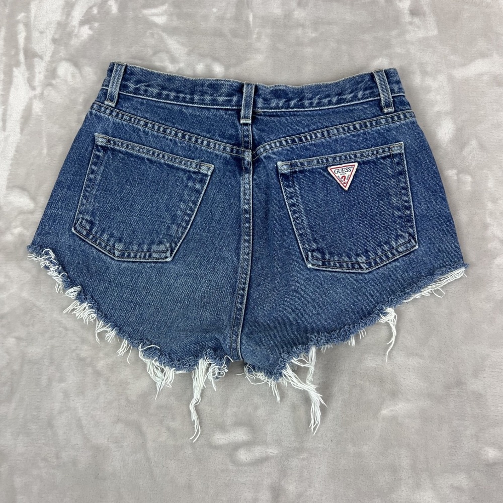 Guess High Waist Denim Shorts in Dark Blue with Distressed Hem